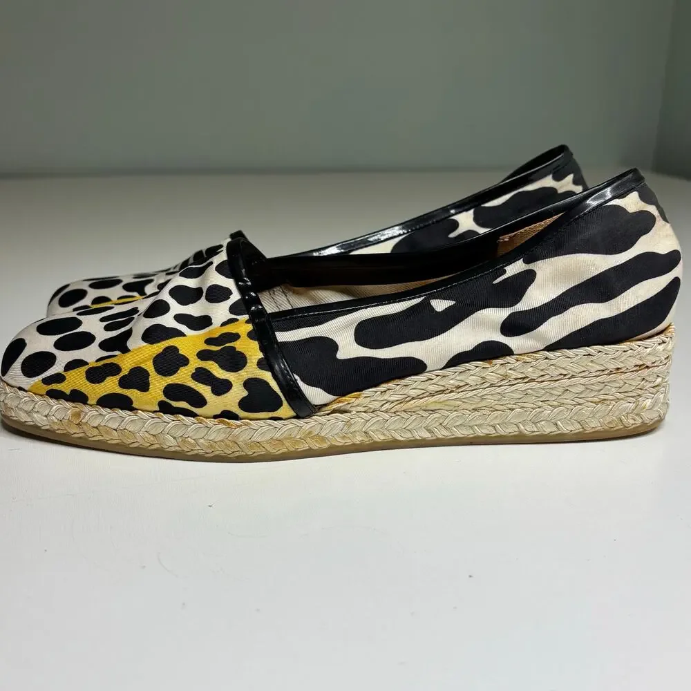 Stuart Weitzman Animal Print Slip On Mini Wedge Espadrilles Square Toe 9